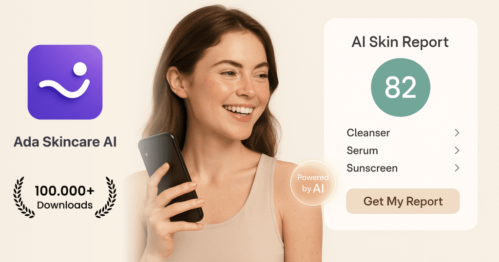 Ada Skincare AI mobile app interface showing AI-powered skin analysis on a smartphone