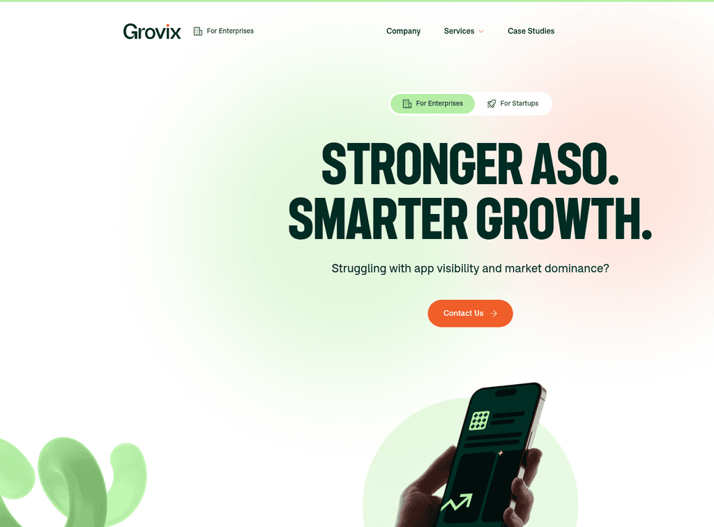 Grovix mobile growth agency branding — ASO, paid marketing, and app monetization services